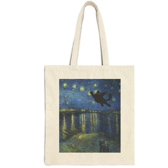 Van Gogh Starry Night Over the Rhône Black Cat Tote - Picture 1 of 6